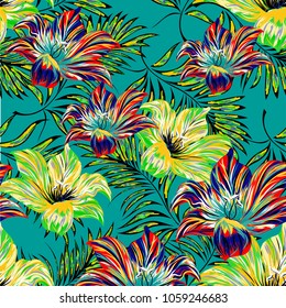 Tropical palm leaves, flowers and jungle . Vector floral pattern background.
