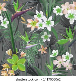 Tropical Palm Leaves and Flowers, Jungle Leaves Seamless Vector Floral Background Pattern for Wallpaper, Fashion Textile, Fabric Print, Design Template