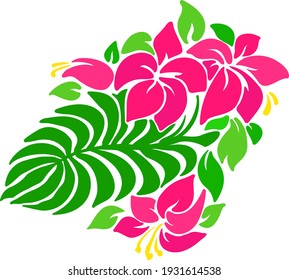Tropical palm leaves and flowers pattern. Vector illustration.