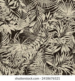 Tropical palm leaves foliage patchwork wallpaper abstract vector seamless pattern for fabric shirt short print towel tablecloth cloth grunge effect in separate layer