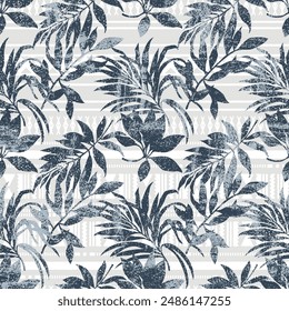 Tropical palm leaves foliage with tapa cloth background grunge wallpaper abstract vector seamless pattern for fabric shirt short print towel tablecloth cloth