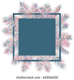Tropical palm leaves frame botanical vector illustration. Exotic nature card or banner with border for text isolated on white background. Jungle palm leaf floral pattern, border. Palm tree branches.