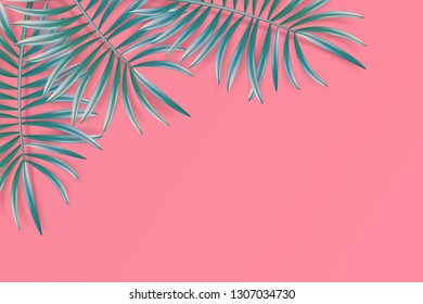 Tropical palm leaves frame on coral backdrop. Summer emerald tropical leaf. Exotic hawaiian jungle, summertime background. Pastel art colorful minimal style, Paper cut