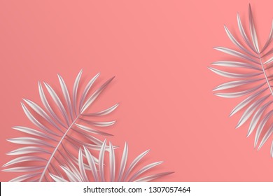 Tropical palm leaves frame on coral backdrop. Summer tropical leaf. Exotic hawaiian jungle, summertime background. Pastel monochrome art colorful minimal style, Paper cut
