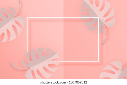 Tropical palm leaves frame on coral backdrop. Summer tropical leaf. Exotic hawaiian jungle, summertime background. Pastel monochrome art colorful minimal style, Paper cut