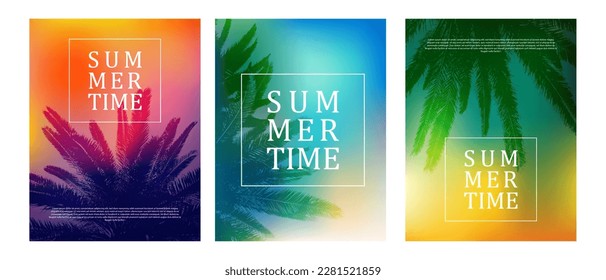 Tropical palm leaves frame summer holidays vector banners. Exotic nature card or banner with jungle palm leaf floral pattern. Tropical coconut palm leaves cards with colorful backgrounds collection.