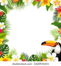 Tropical Palm Leaves Frame And Toucan With Gradient Mesh, Vector Illustration