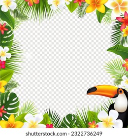 Tropical Palm Leaves Frame And Toucan With Gradient Mesh, Vector Illustration