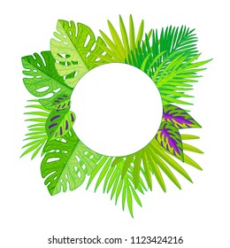 Tropical palm leaves frame. Vector Illustration with place for your text in circle frame.
