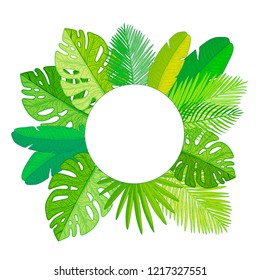 Tropical palm leaves frame. Vector Illustration with place for your text in circle frame.