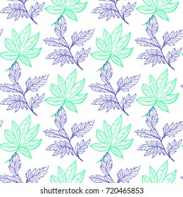 Tropical and palm leaves hand drawing. Green vector illustration. Seamless isolated pattern on a white background.