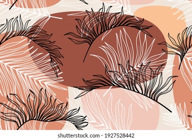 Tropical palm leaves hand drawn seamless pattern. Botanical trendy design in pink and green colors. Vector repeating design for fabric, wallpaper or wrap papers.