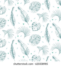 tropical palm leaves hand drawn vector pattern