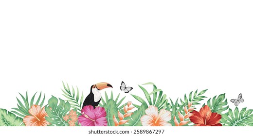 Tropical palm leaves, hibiscus flower,  toucan bird, butterfly botanical border. Exotic jungle banner.	