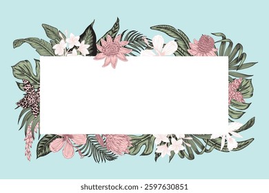 Tropical palm leaves, hibiscus flower graphic botanical frame. Exotic jungle banner.