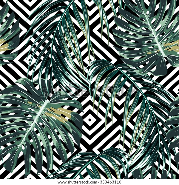 Tropical palm leaves, jungle leaves, beautiful seamless vector floral pattern background. Abstract striped geometric texture