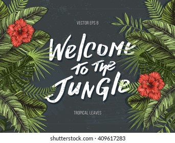 Tropical palm leaves. Jungle design template. Vector illustration