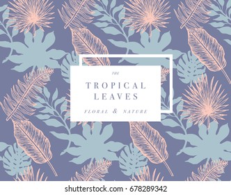 Tropical palm leaves. Jungle design background or poster template. Vector illustration engraved jungle leaves. Colorful pattern