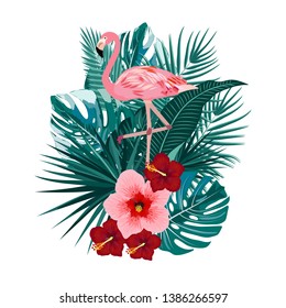 Tropical palm leaves, jungle leaves, flamingo, T-Shirt design. Best creative design for poster, flyer, presentation. Vector background.