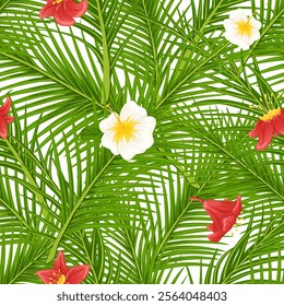 Tropical palm leaves, jungle leaves, hibiscus flowers seamless vector pattern. Rainforrest  background. Wrapping paper, print, wallpaper decor. Green leaves, red and white flowers on white background