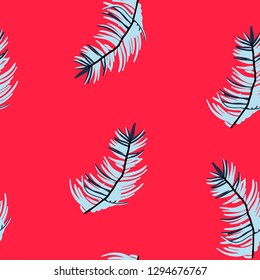 Tropical palm leaves, jungle leaf seamless pattern on red background.  Vector illustration in trendy style. 