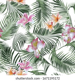 Tropical palm leaves, jungle leaf seamless vector floral pattern background