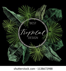 Tropical palm leaves. Jungle round illustration with monstera, aralia banana leaves. Design template. High detailed botanical sketch. Vector illustration on black back