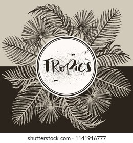 Tropical palm leaves. Jungle round illustration with coconut, aralia leaves. Design template. High detailed botanical sketch. Vector illustration