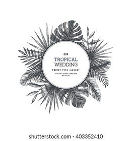 Tropical palm leaves. Jungle round wedding invitation. Design template. Vector illustration