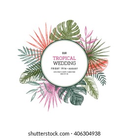 Tropical palm leaves. Jungle round wedding invitation. Design template. Vector illustration