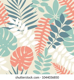Tropical palm leaves, jungle leaves seamless vector floral pattern. Palm and monstera dense jungle. Ideal for textile. Summer background in pastel colors