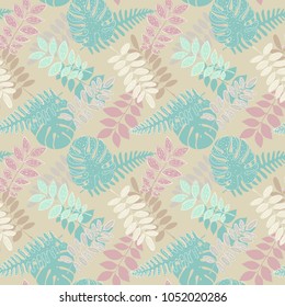 Tropical palm leaves, jungle leaves seamless vector floral pattern. Palm and monstera dense jungle. Ideal for textile. Summer background in pastel colors