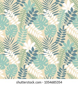 Tropical palm leaves, jungle leaves seamless vector floral pattern. Palm and monstera dense jungle. Ideal for textile. Summer background in pastel colors