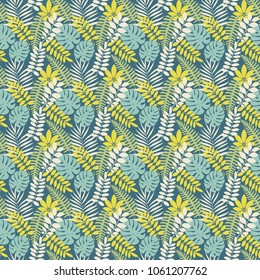 Tropical palm leaves, jungle leaves seamless vector floral pattern. Palm and monstera dense jungle. Ideal for textile. Summer background