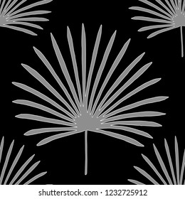 Tropical palm leaves, jungle leaves seamless vector floral pattern silver white on black background