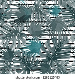 Tropical palm leaves, jungle leaves seamless vector floral pattern. Black and white background.