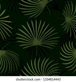 Tropical palm leaves, jungle leaves seamless vector floral pattern green on black background.