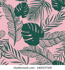 Tropical palm leaves, jungle leaves seamless vector floral pattern background