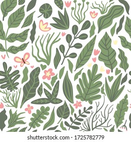 Tropical palm leaves, jungle seamless vector floral pattern background with flowers and butterfly on white