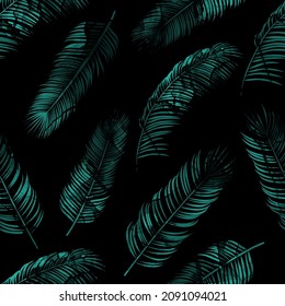 Tropical palm leaves, jungle leaves seamless  floral pattern on black background. Vector illustration
