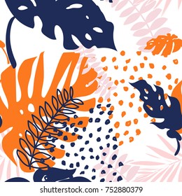 Tropical palm leaves, jungle leaves seamless vector floral pattern background
