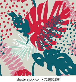 Tropical palm leaves, jungle leaves seamless vector floral pattern background