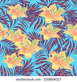 Tropical palm leaves, jungle leaves. Vector floral pattern background.