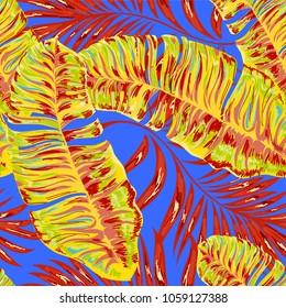 Tropical palm leaves, jungle . Vector floral pattern background.