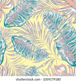 Tropical palm leaves, jungle . Vector floral pattern background.
