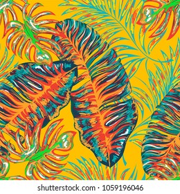 Tropical palm leaves, jungle . Vector floral pattern background.