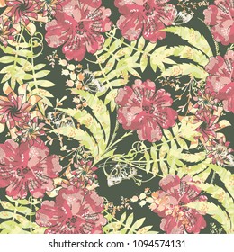 Tropical palm leaves, jungle leaves vector floral pattern background