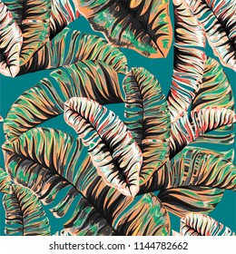 Tropical palm leaves, jungle leaves. Vector floral seamless pattern background.