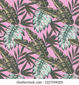 Tropical palm leaves, jungle leaves vector floral pattern background.