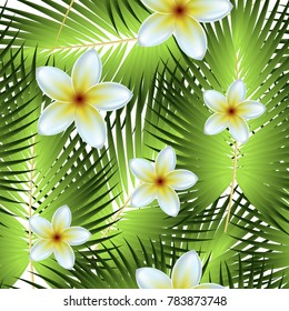 Tropical palm leaves, jungle leaves. Vector floral seamless pattern background.